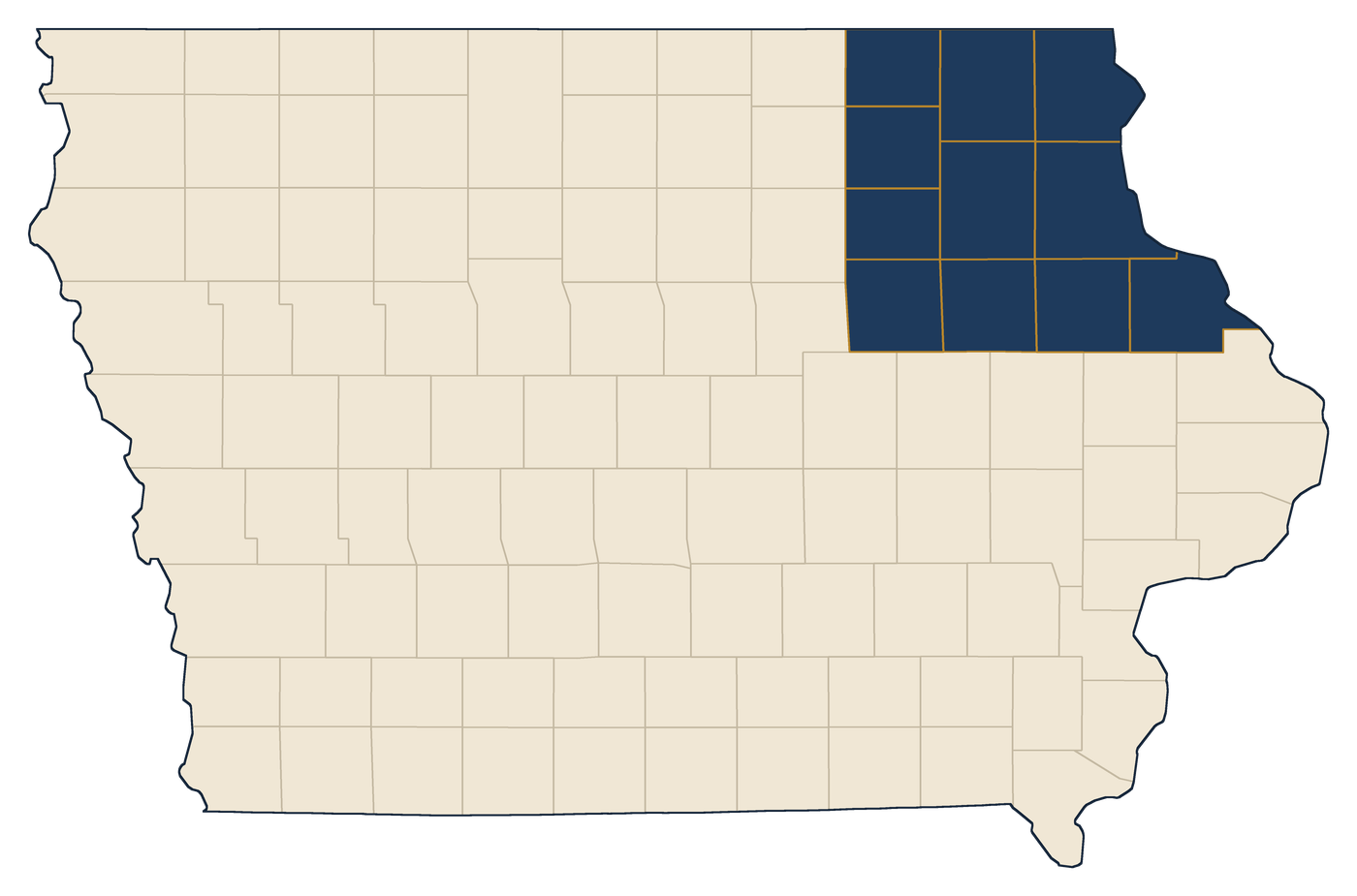 Map of Iowa highlighting the eleven northeast counties GFMutual serves